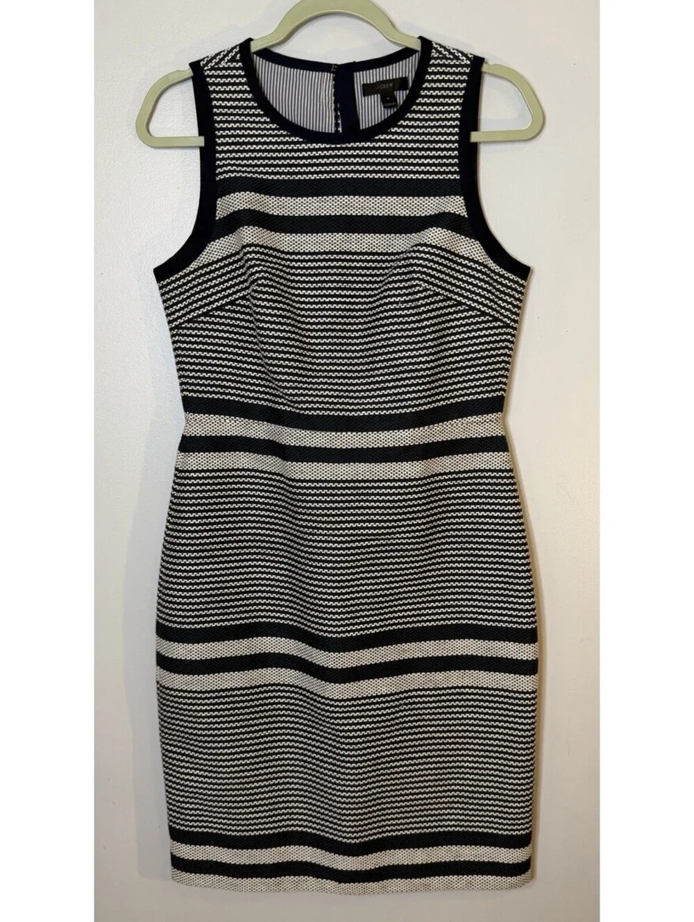 J Crew Textured Tweed Striped Sheath Dress Sleeveless Navy White Back Tie 4 Work